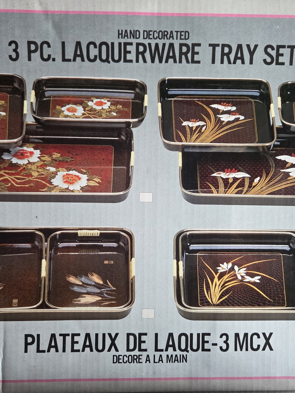 Vintage Japanese Lacquer 3 Piece Nesting Serving Tray Set Flowers